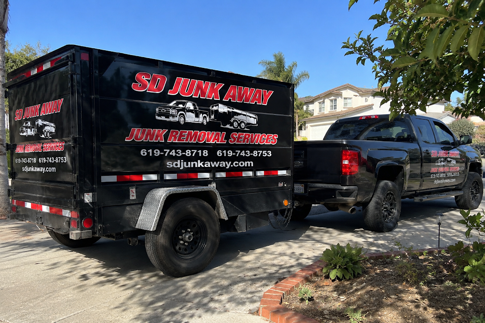 SD Junk Away branded junk removal truck and trailer serving Rancho Bernardo and 92127